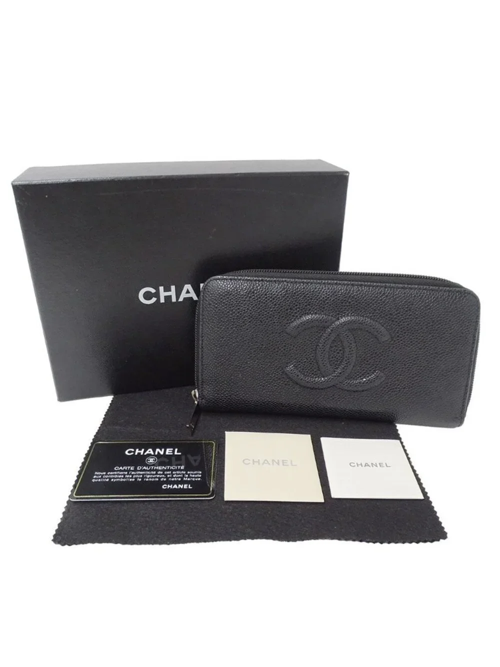 Chanel Wallet Caviar Leather Black Silver Zip Around Logo Adult
